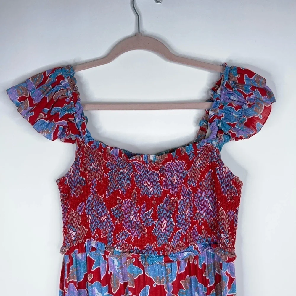 Love the Label Red Blue Floral Midi Dress Square Neck Smocked Tiered Cotton - Picture 6 of 11